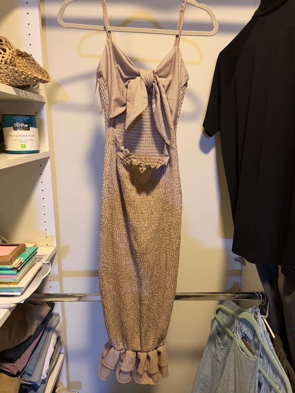 Sleeveless Bow-Front Midi Dress in Beige